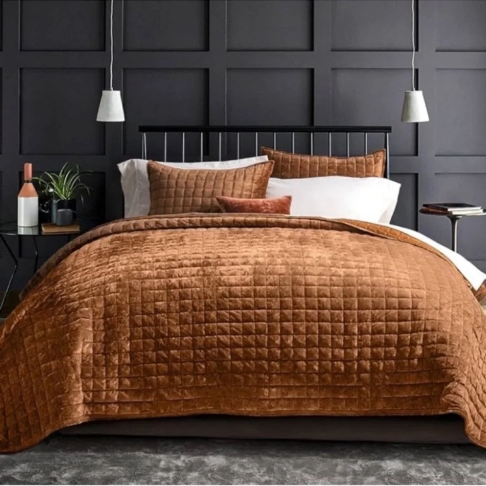 🆕 Amber Rust Velvet Queen Quilt Shams Set Luxury Hotel Style Down Alternative